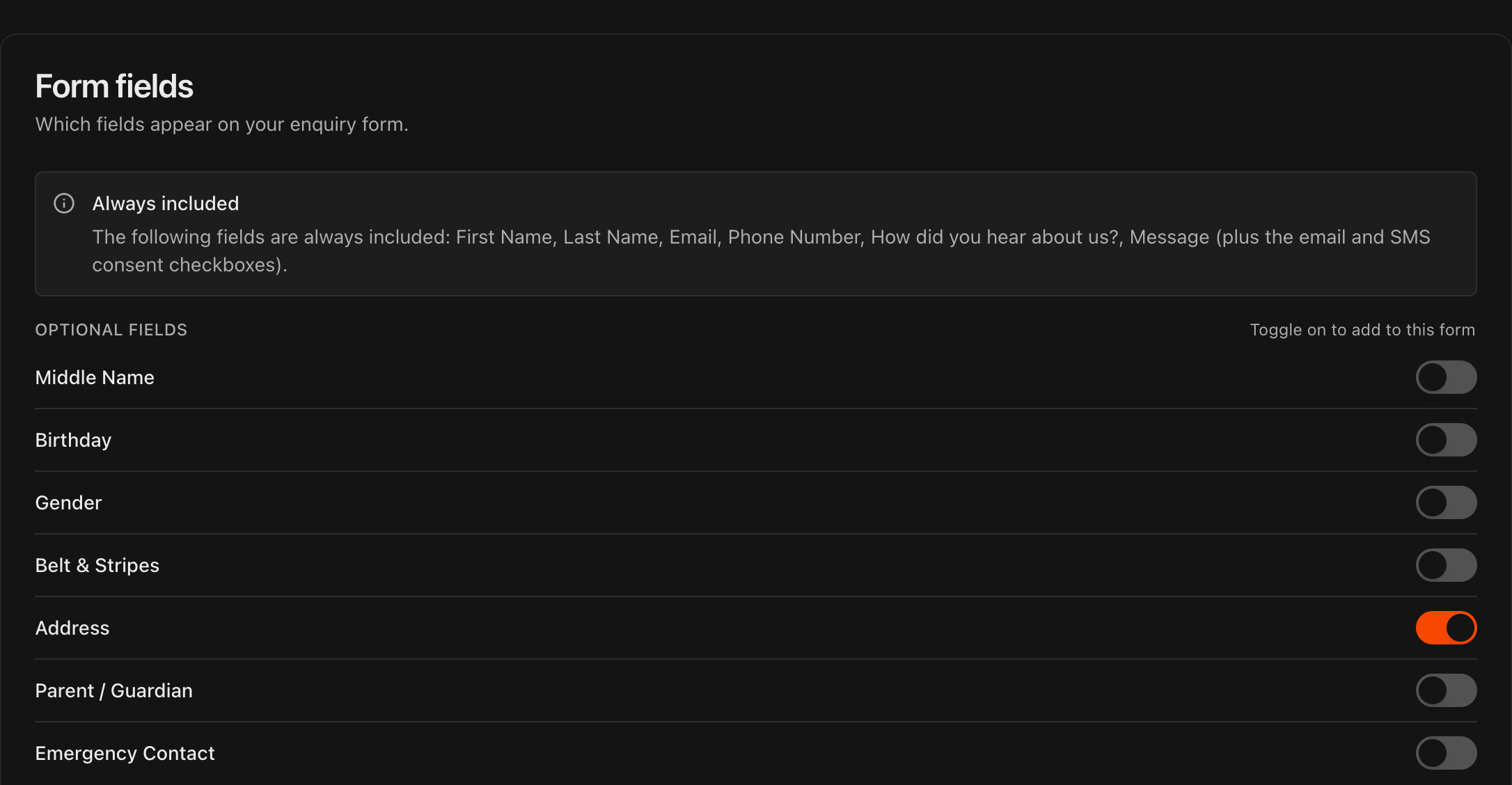 Additional Form Fields section showing toggleable extra fields