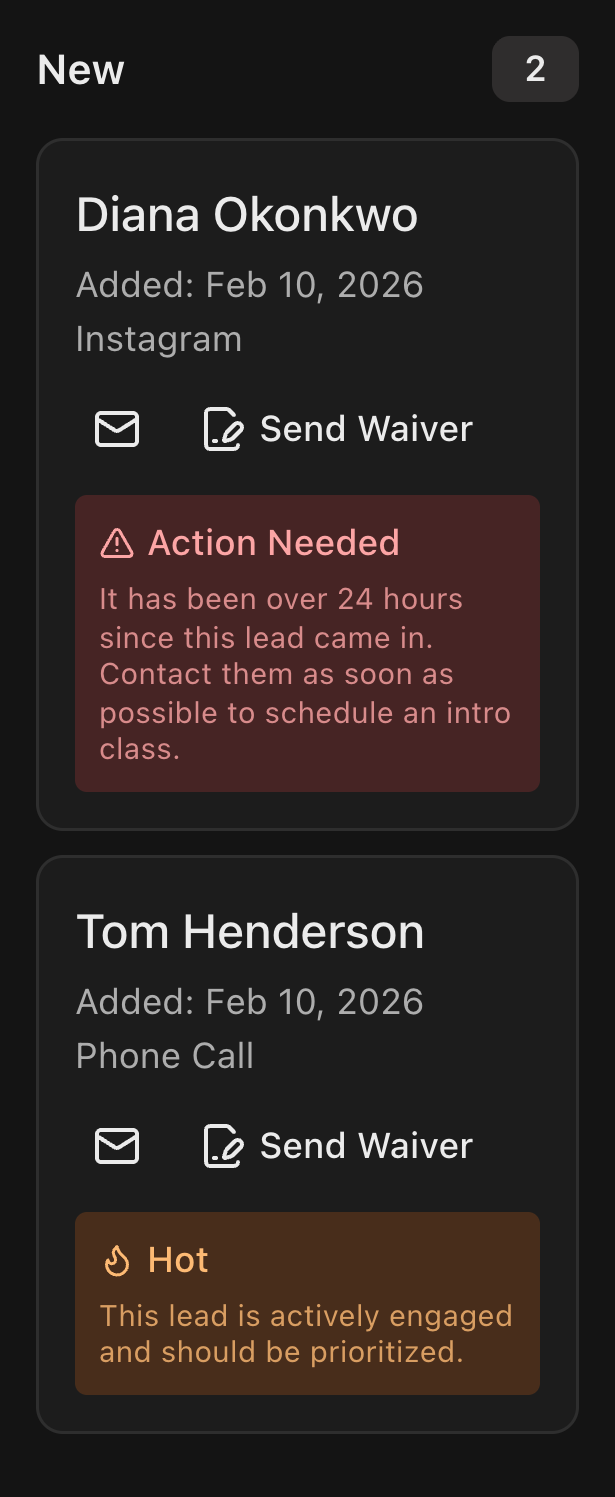 Leads Kanban board showing a new lead card in the New column