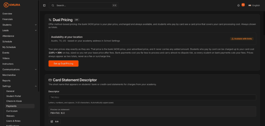 Opening Set up Dual Pricing from the Payments page and stepping through the first five steps of the setup