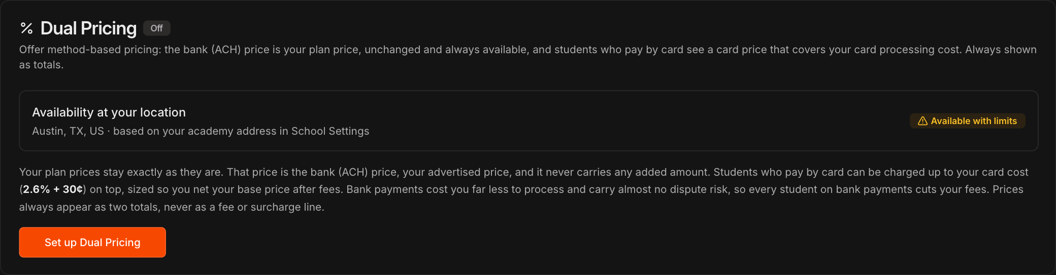 Dual Pricing card on the Payments page showing Off, Availability at your location for Austin, TX, and the Set up Dual Pricing button