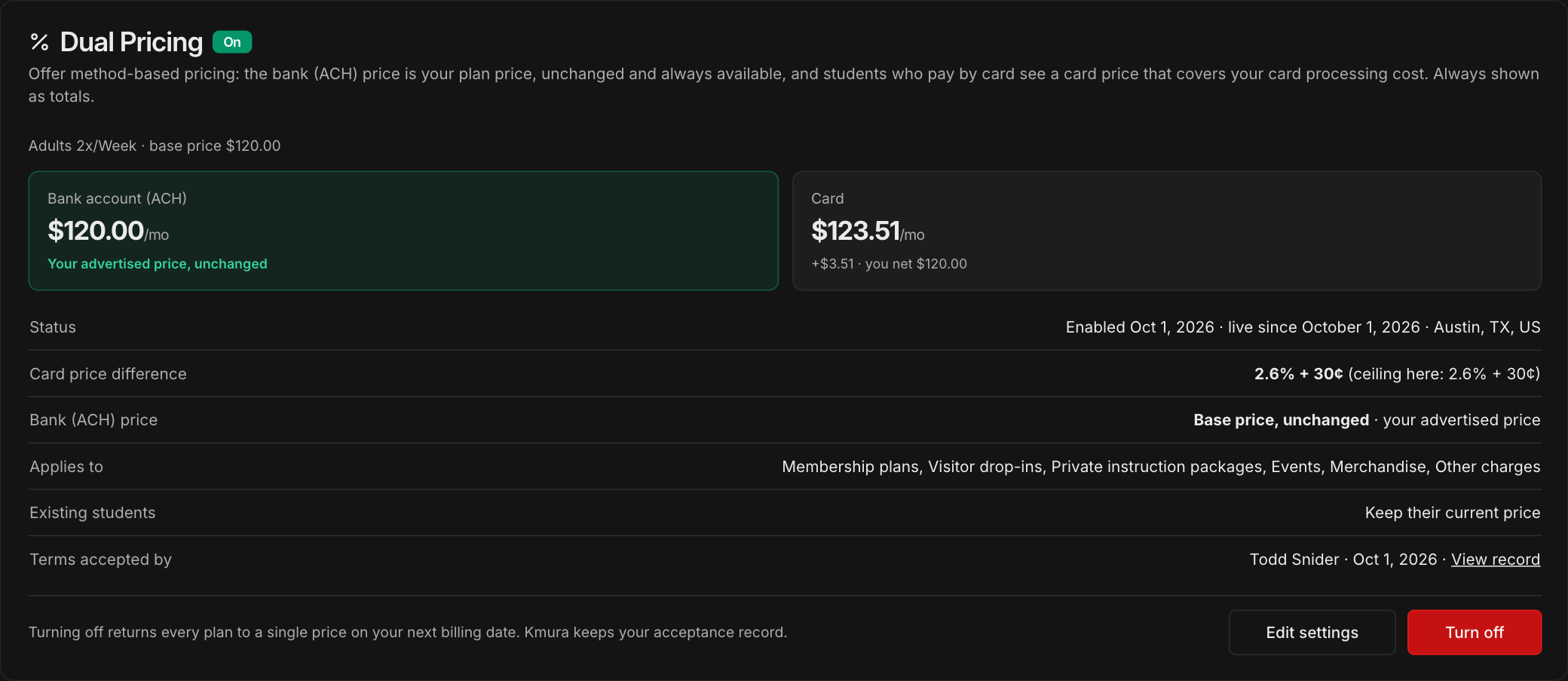Dual Pricing card showing On, the bank and card price example, status, settings, Terms accepted by, Edit settings and Turn off