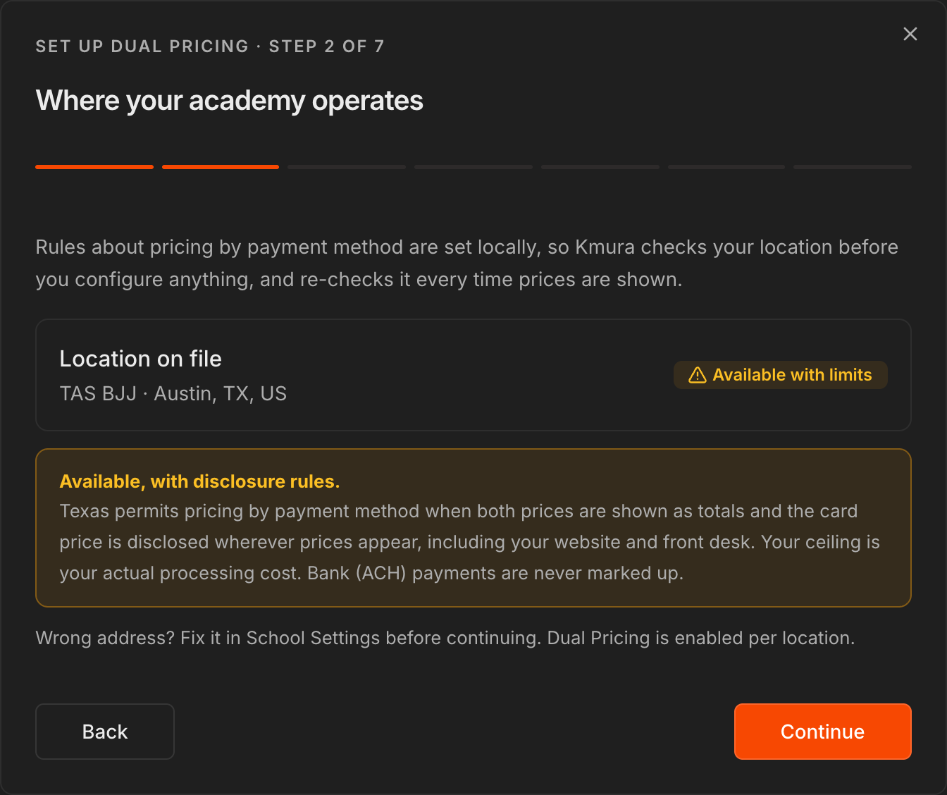 Step 2 of 7, Where your academy operates, showing TAS BJJ in Austin, TX with Available with limits and the Texas disclosure rules