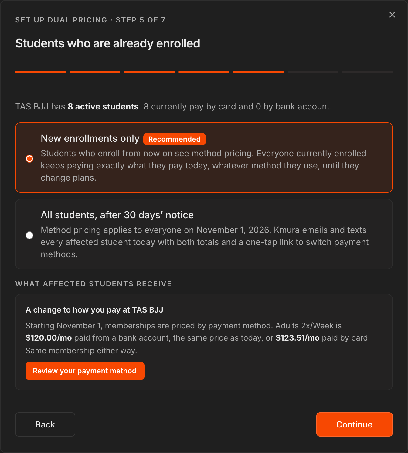 Step 5 of 7, Students who are already enrolled, with New enrollments only selected and a preview of the notice affected students receive