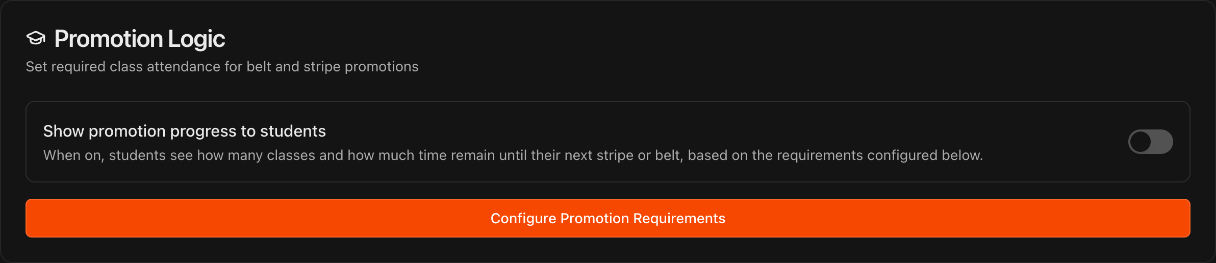Promotion Logic card with the Show promotion progress to students toggle and the Configure Promotion Requirements button