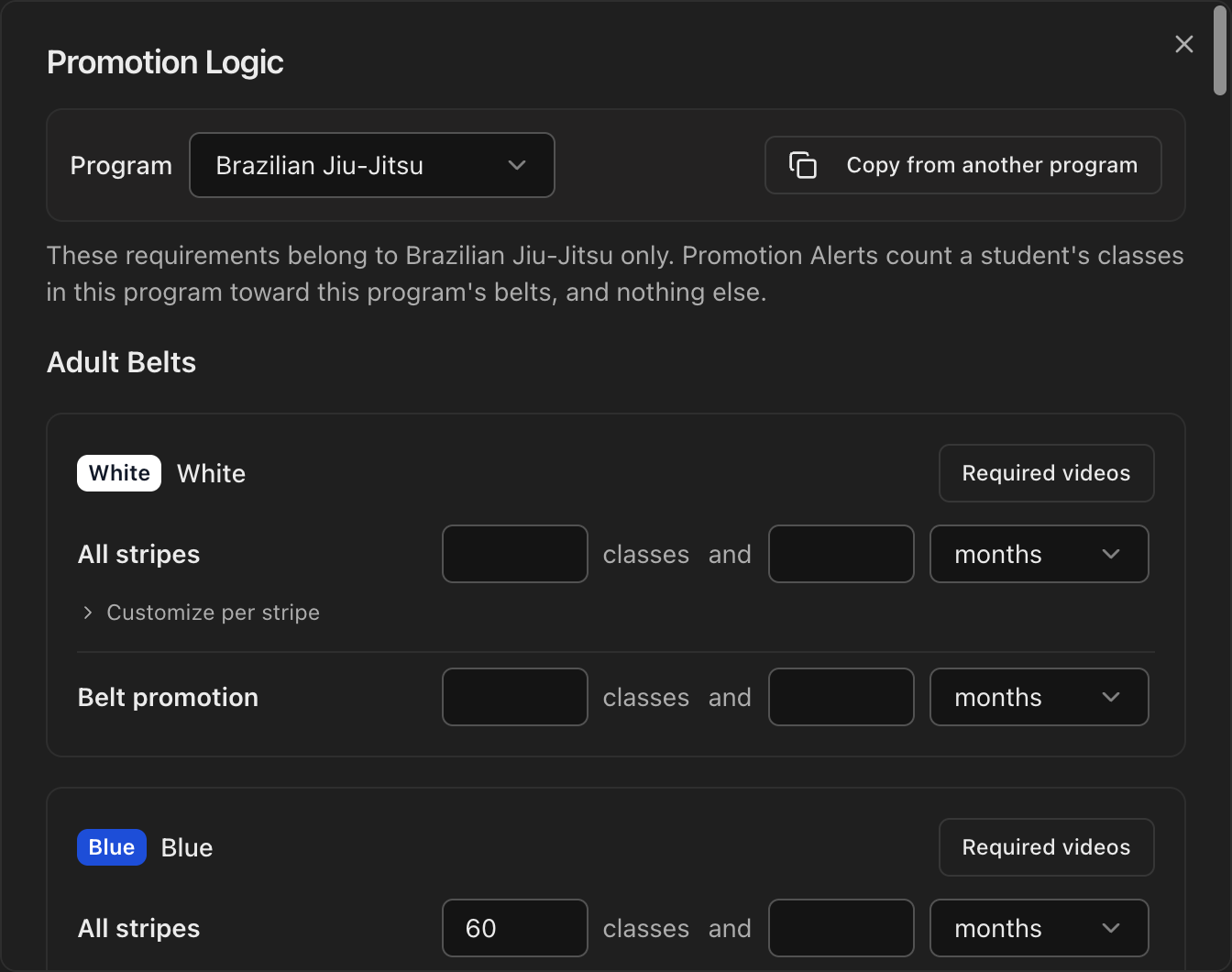 Promotion Logic dialog with the Program dropdown, Copy from another program button and the Adult Belts requirement rows