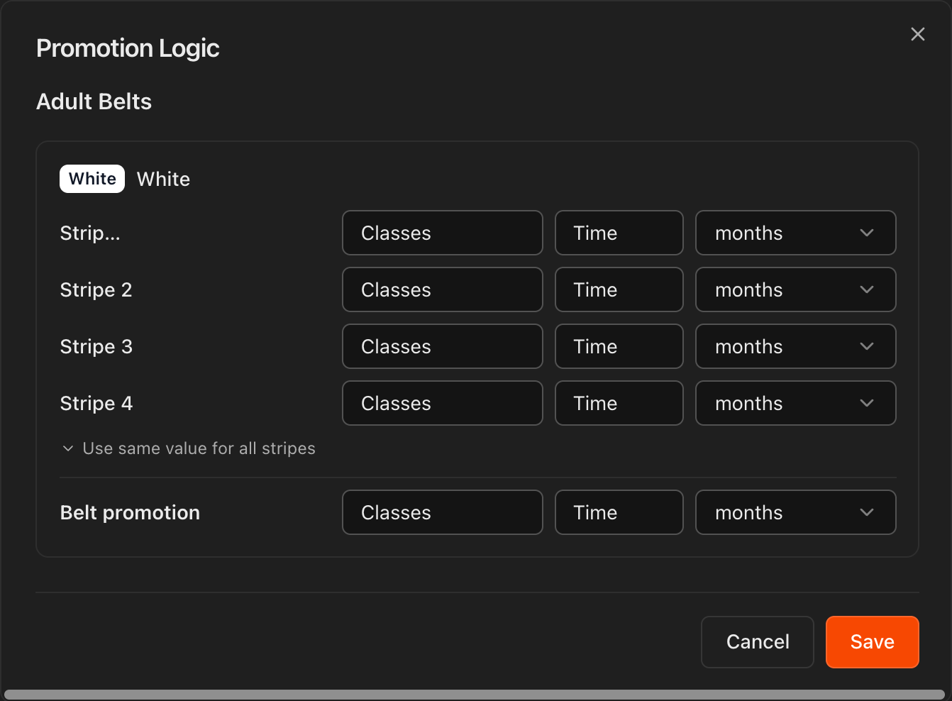 Configure Promotion Requirements dialog showing belt rows with Classes and Time fields