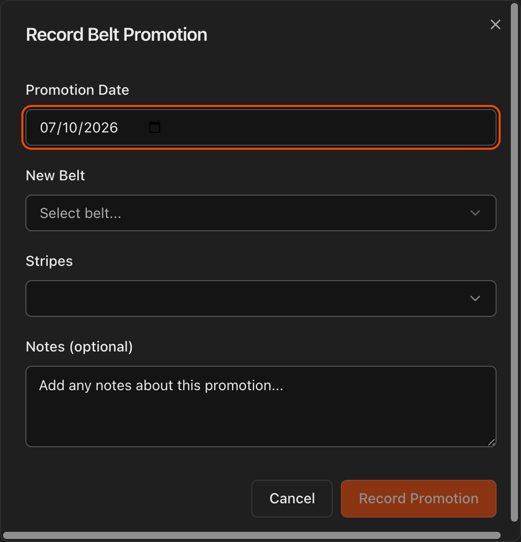 Add Promotion dialog showing Promotion Date, New Belt, Stripes, and Notes fields