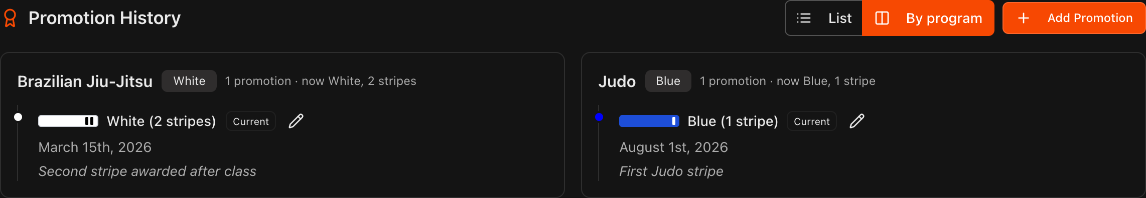 Promotion History in By program view with one timeline column for Brazilian Jiu-Jitsu and one for Judo