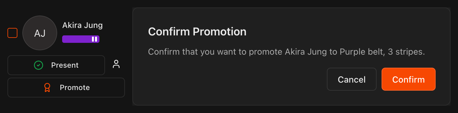 Promotion confirmation dialog showing the student's next rank before saving