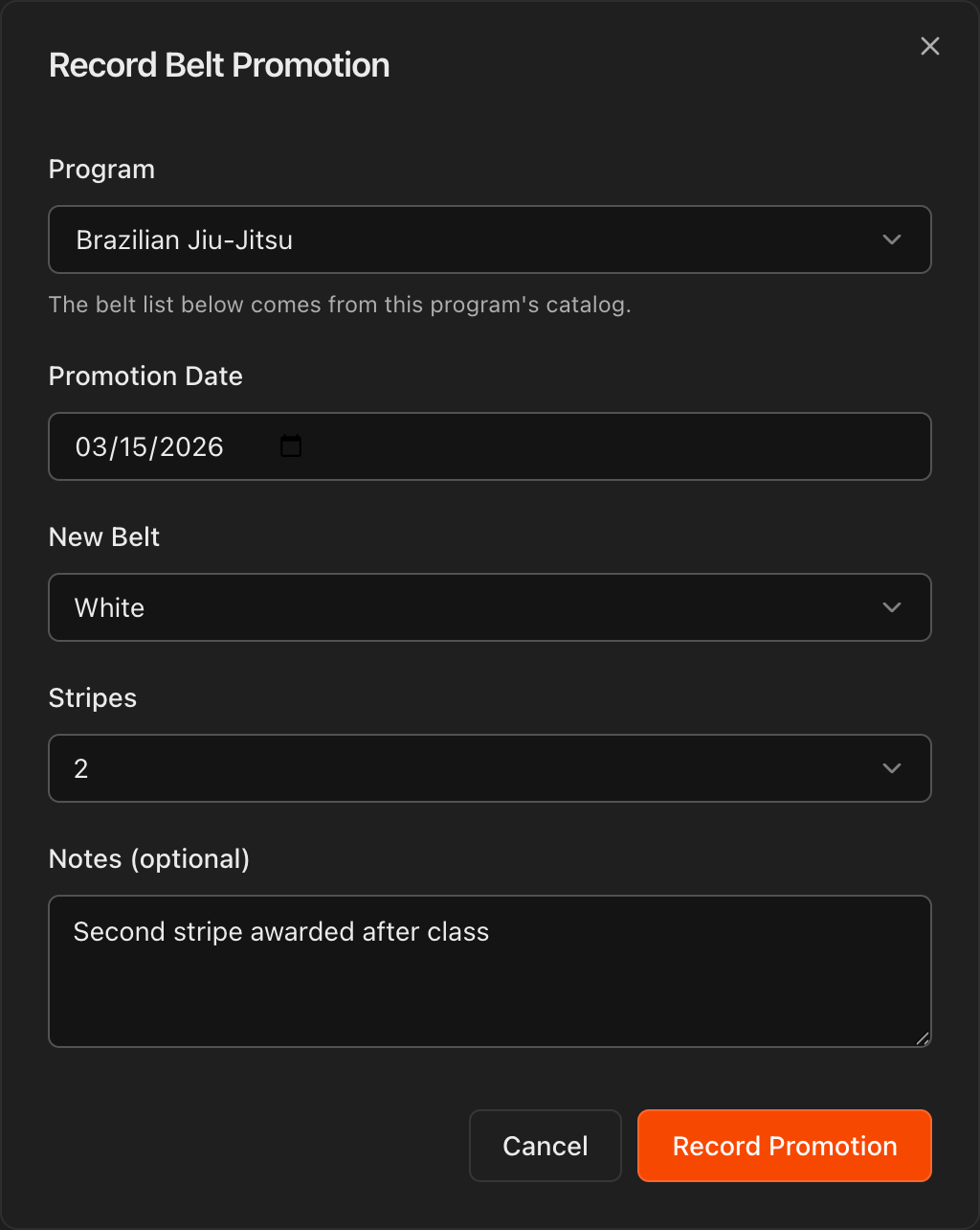 Record Belt Promotion dialog with the Program dropdown above the Promotion Date, New Belt, Stripes and Notes fields
