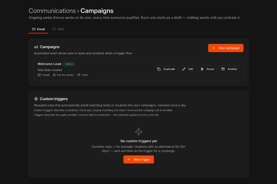 Campaigns in Kmura: the campaigns list, picking a trigger, writing the email series, and the draft ready to activate
