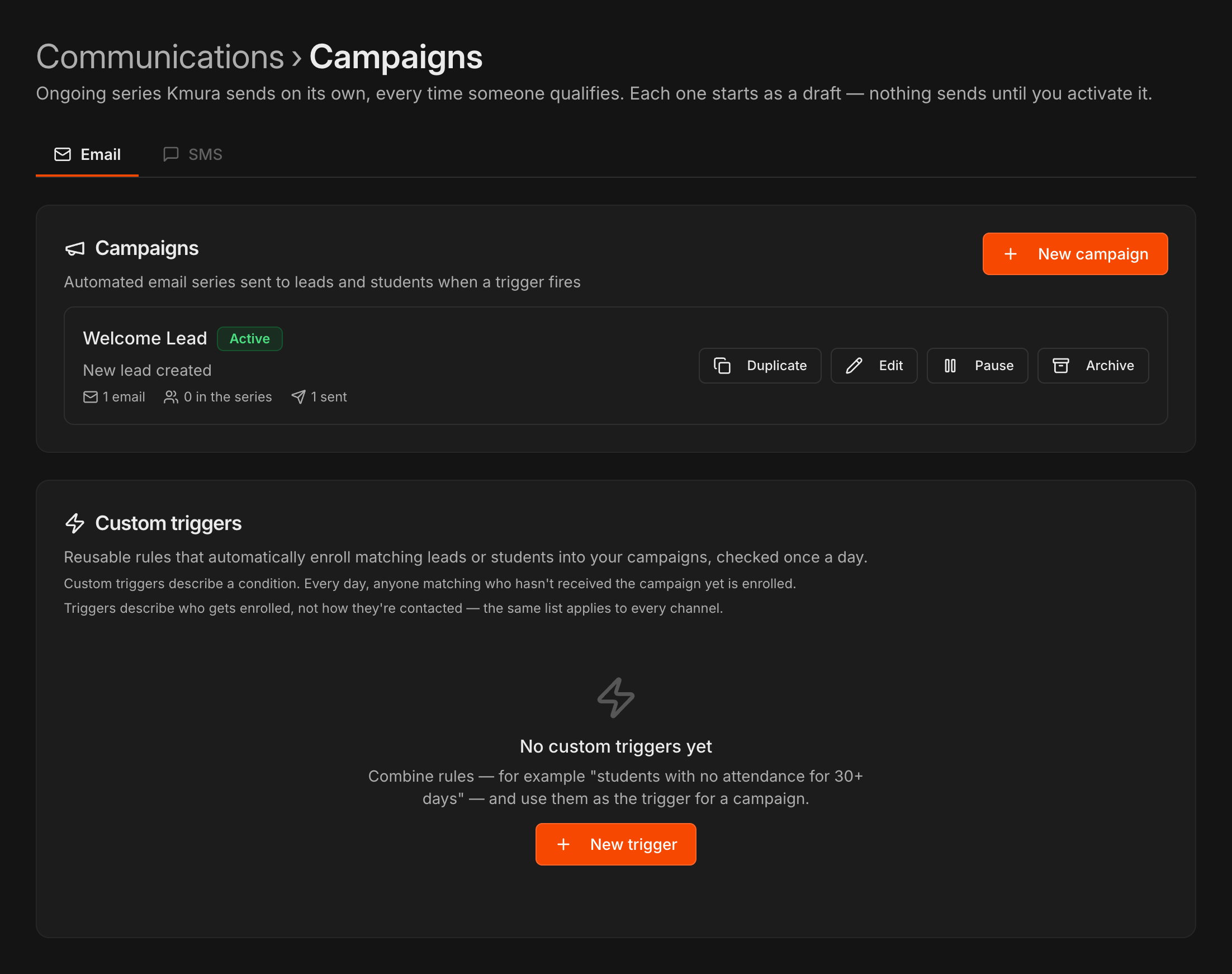 Communications Campaigns page with the Campaigns card, an active Welcome Lead campaign, and the empty Custom triggers card