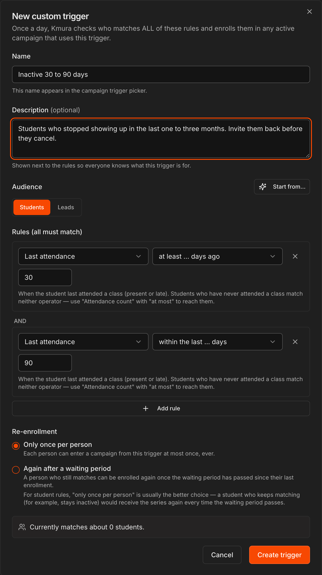New custom trigger dialog for Inactive 30 to 90 days, with two Last attendance rules, the re-enrollment choice and the match count