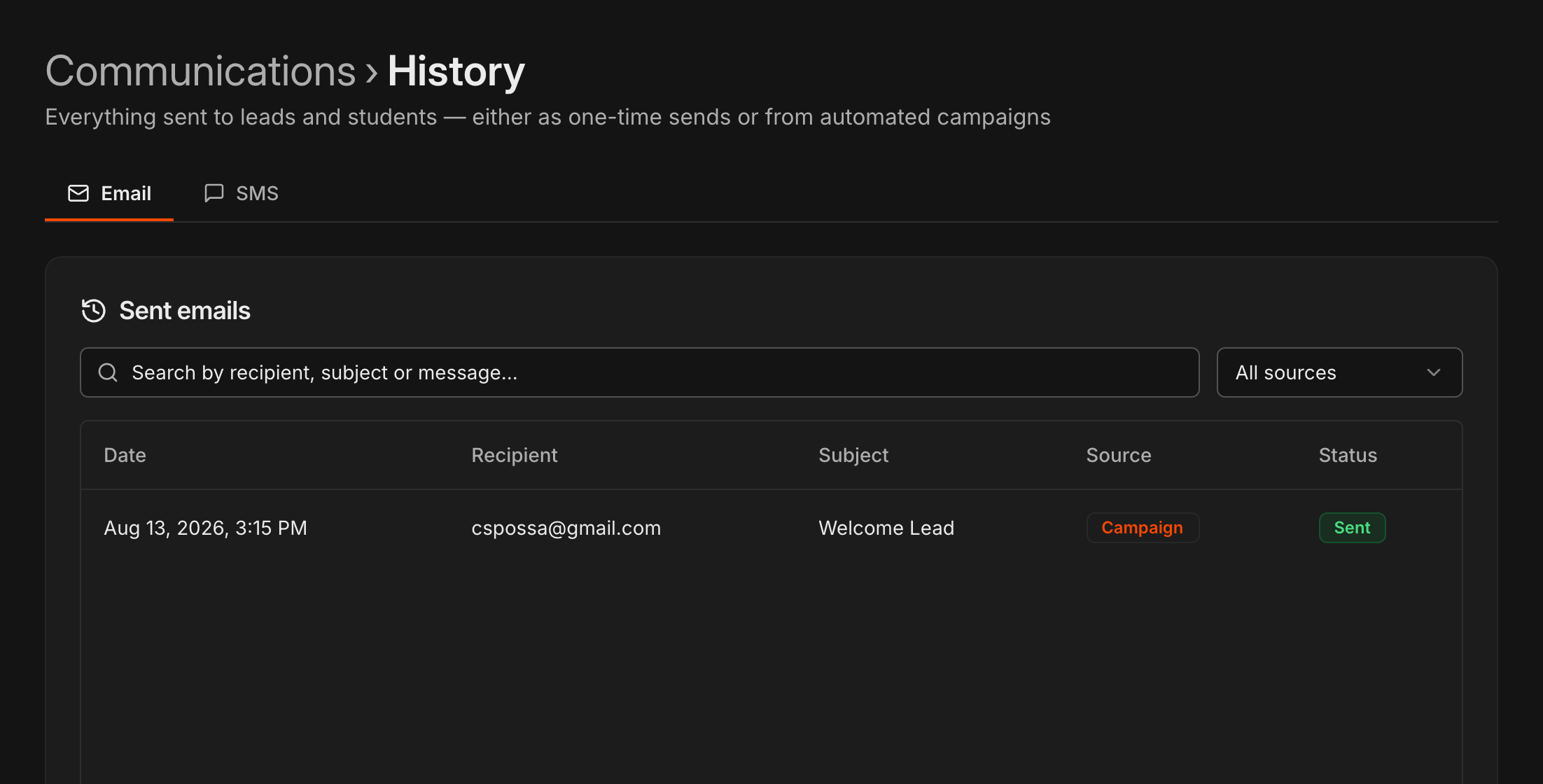 Communications History page on the Email tab showing a campaign email with the Campaign source tag and Sent status