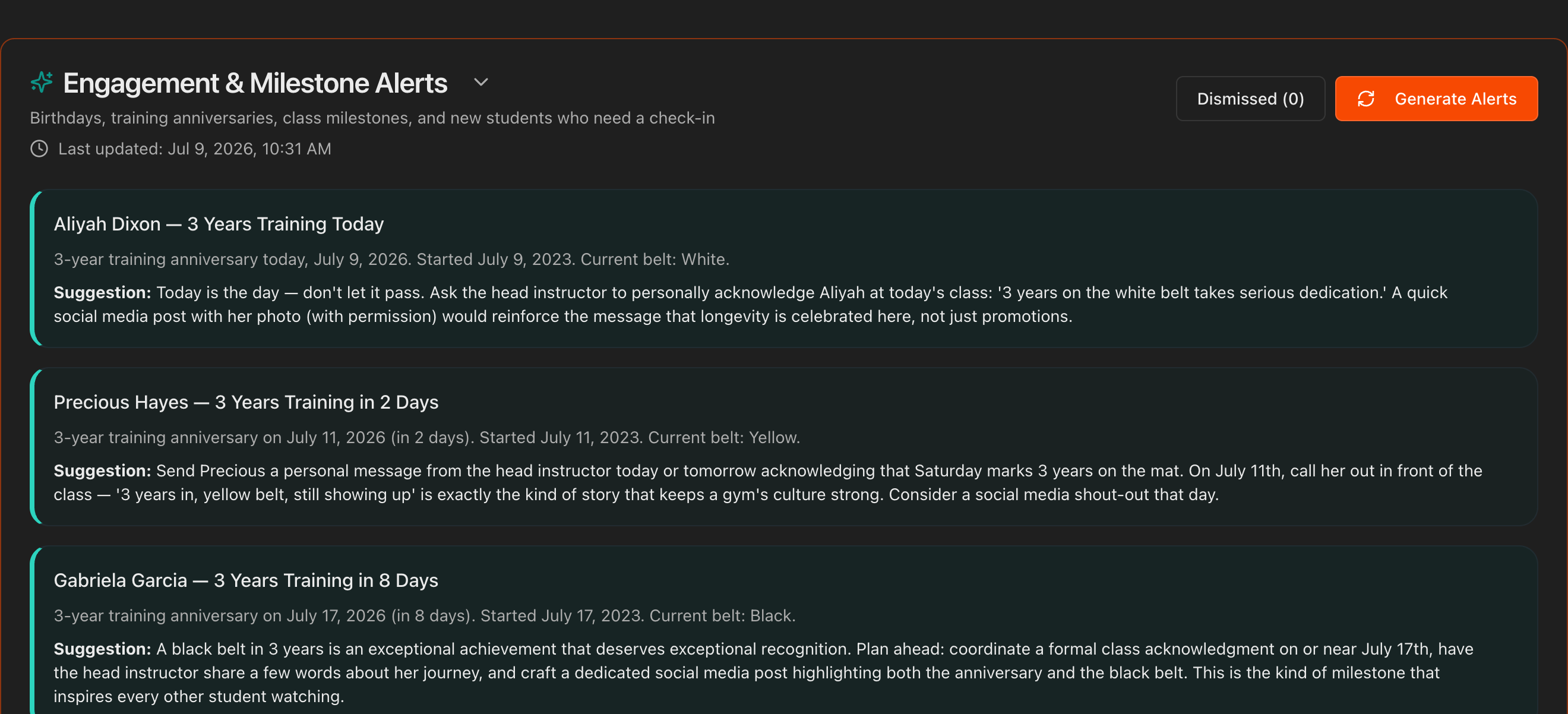 Engagement & Milestone Alerts section expanded with alert cards