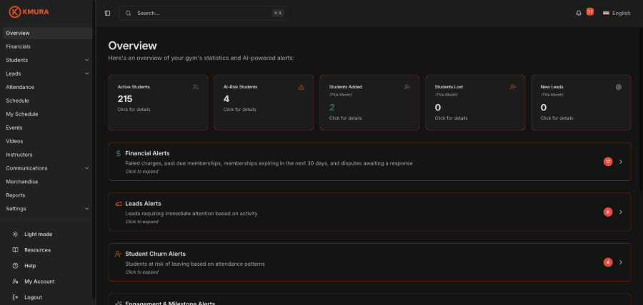 Expanding Financial Alerts on the Overview page, opening a Membership past due alert, and jumping to the Financials page