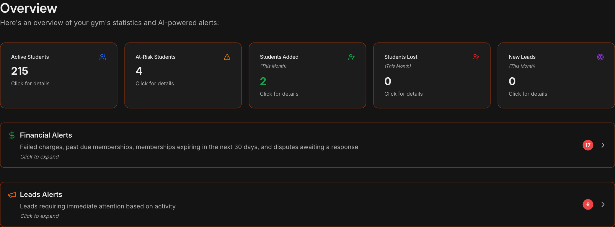 Overview page with Financial Alerts as the first alert card, above Leads Alerts, with its badge count