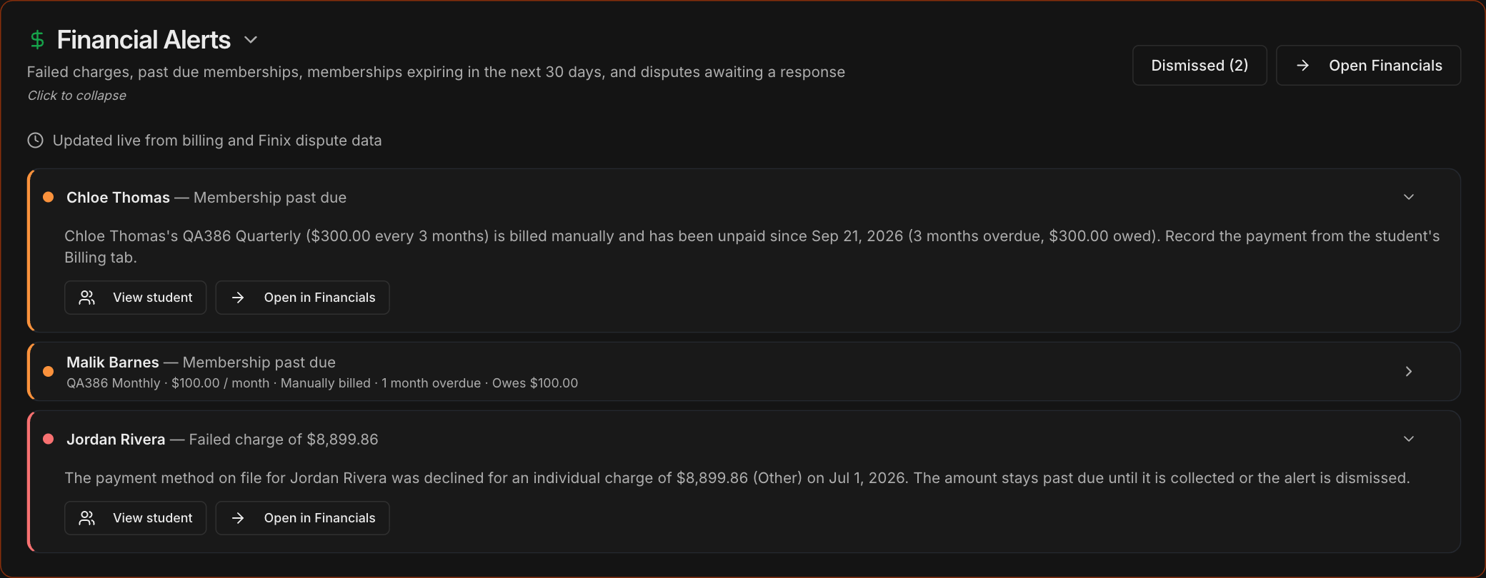 Expanded Membership past due and Failed charge alerts, each with View student and Open in Financials buttons
