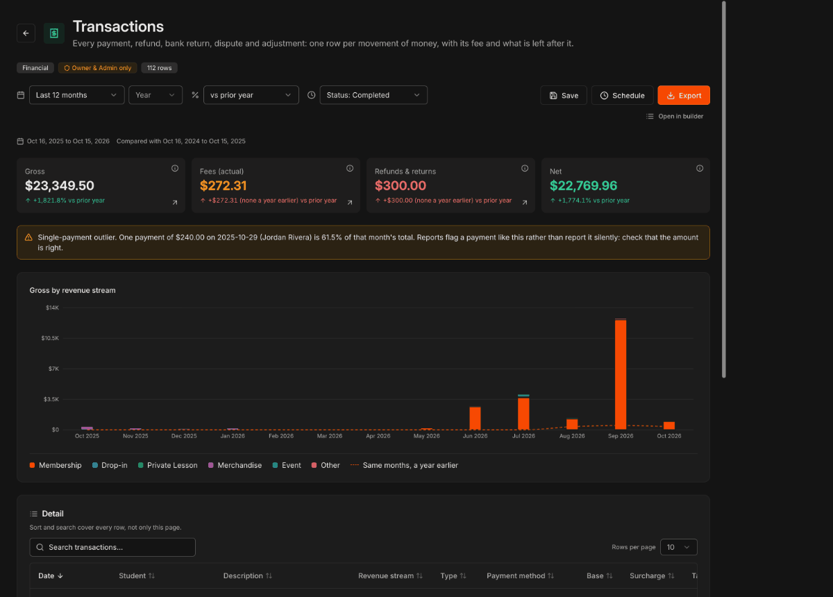 As páginas dos relatórios Transactions, Payouts, Processing fees e 12-month revenue projection com seus painéis e gráficos