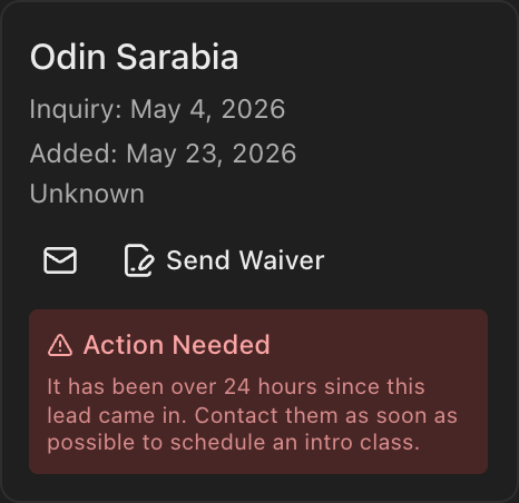 Lead card on the Leads board with the Send Waiver button highlighted