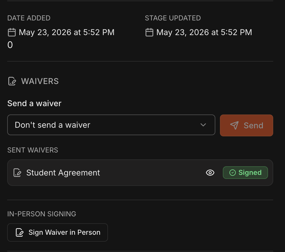 Lead Waivers section showing a completed signed waiver with view and download options