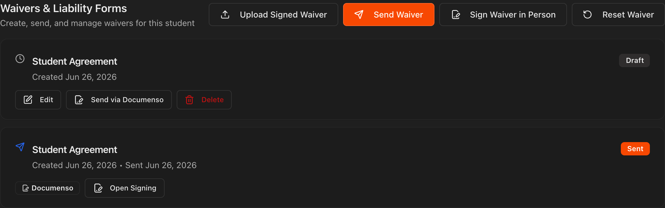 Student Documentation tab showing the Waivers & Liability Forms section