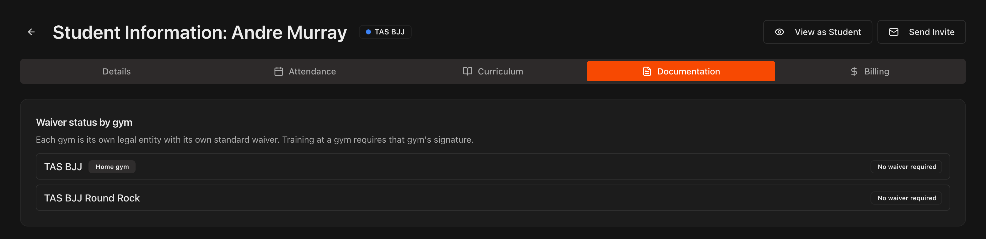 Waiver status by gym card on a student's Documentation tab