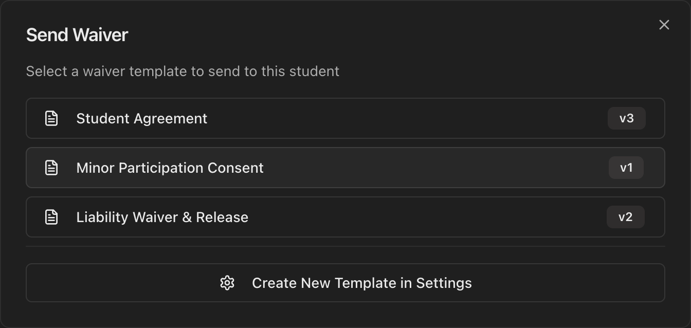 Send Waiver popup showing template selection