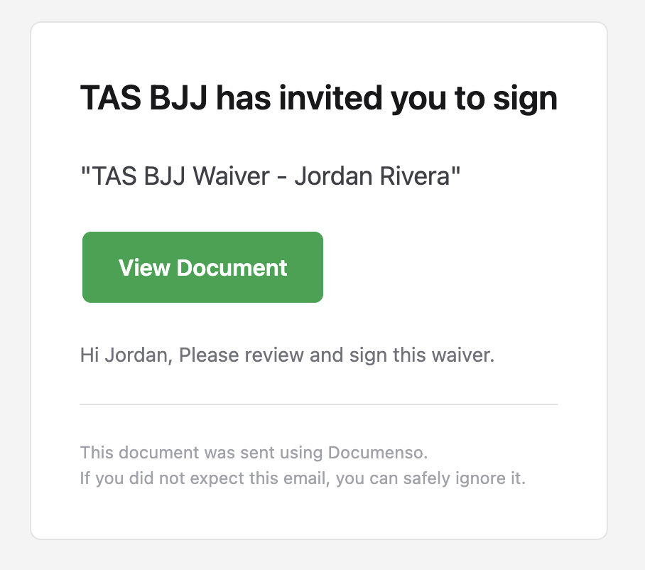 Email the student receives with a button to open and sign the waiver