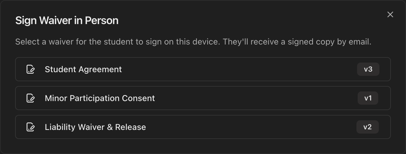 Sign Waiver in Person flow showing template selection and signature capture