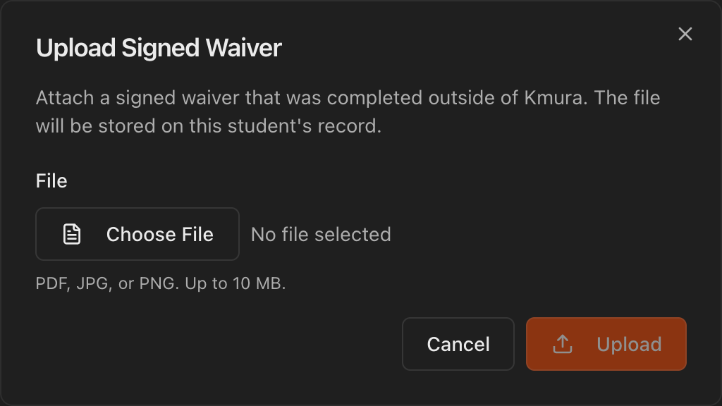 Upload Signed Waiver dialog with file chooser and Upload button