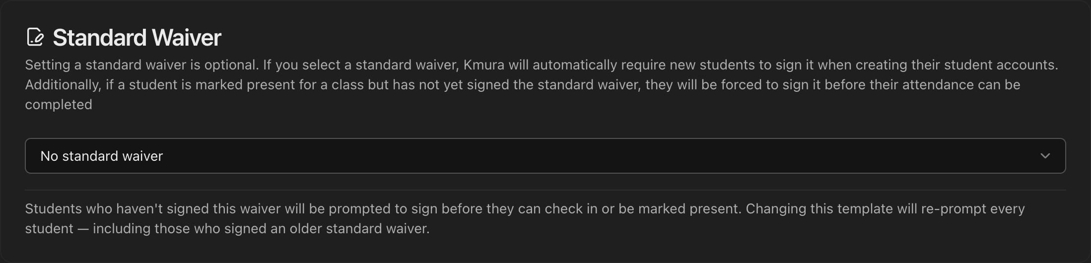 Standard Waiver section under Waivers Settings showing the template dropdown