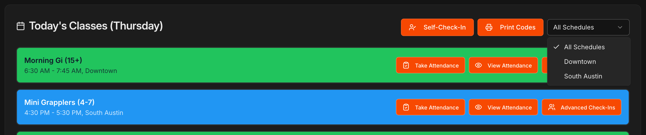 Attendance page with the All Schedules dropdown open above class bubbles that each have Take Attendance, View Attendance and Advanced Check-Ins