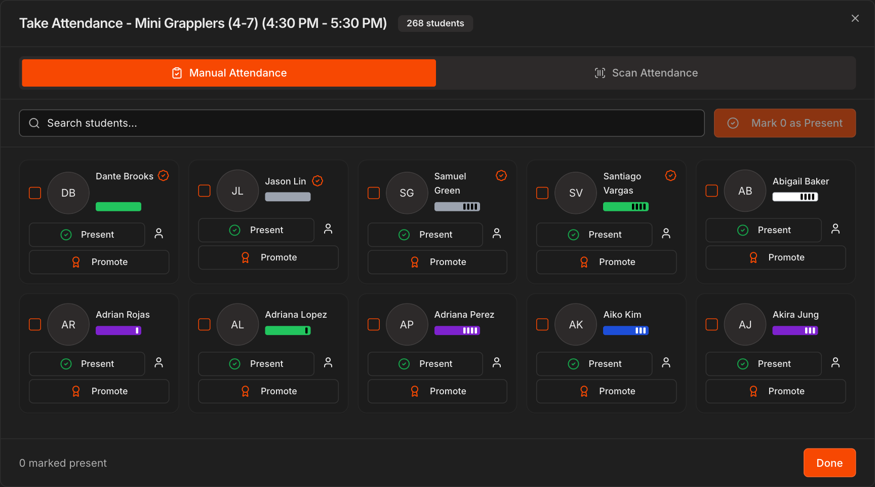 Take Attendance window for Mini Grapplers on the Manual Attendance tab with the search box, Mark 0 as Present, and the student roster