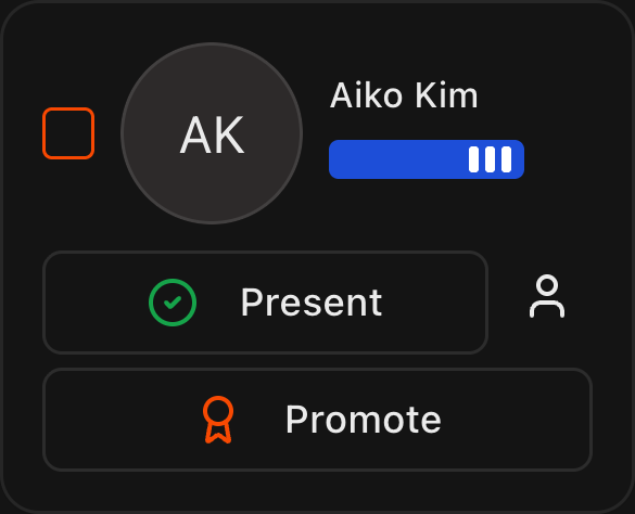 Student bubble showing Promote button and colored belt bar