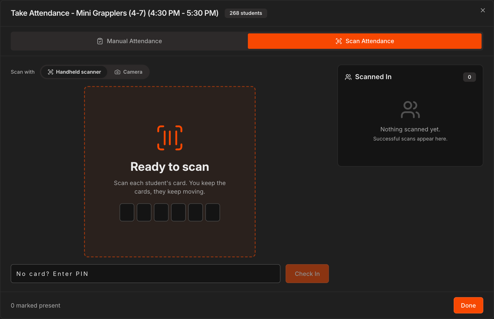 Scan Attendance tab with the Handheld scanner and Camera options, the Ready to scan target, and the empty Scanned In list