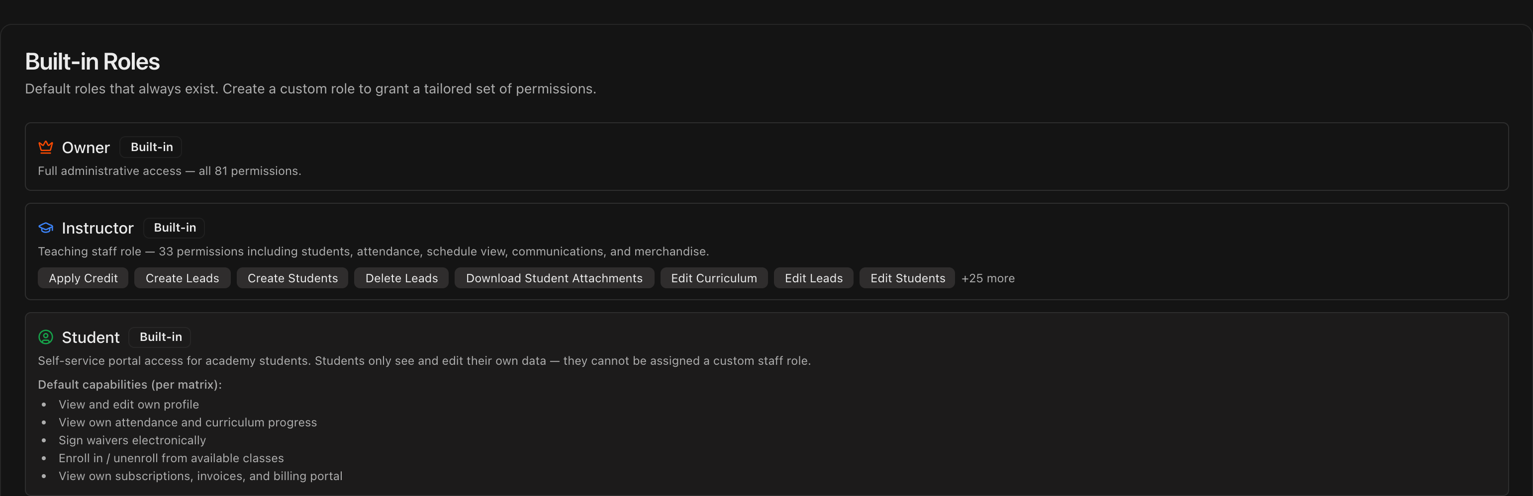 Roles & Permissions tab showing the Built-in Roles section with Owner, Instructor, and Student