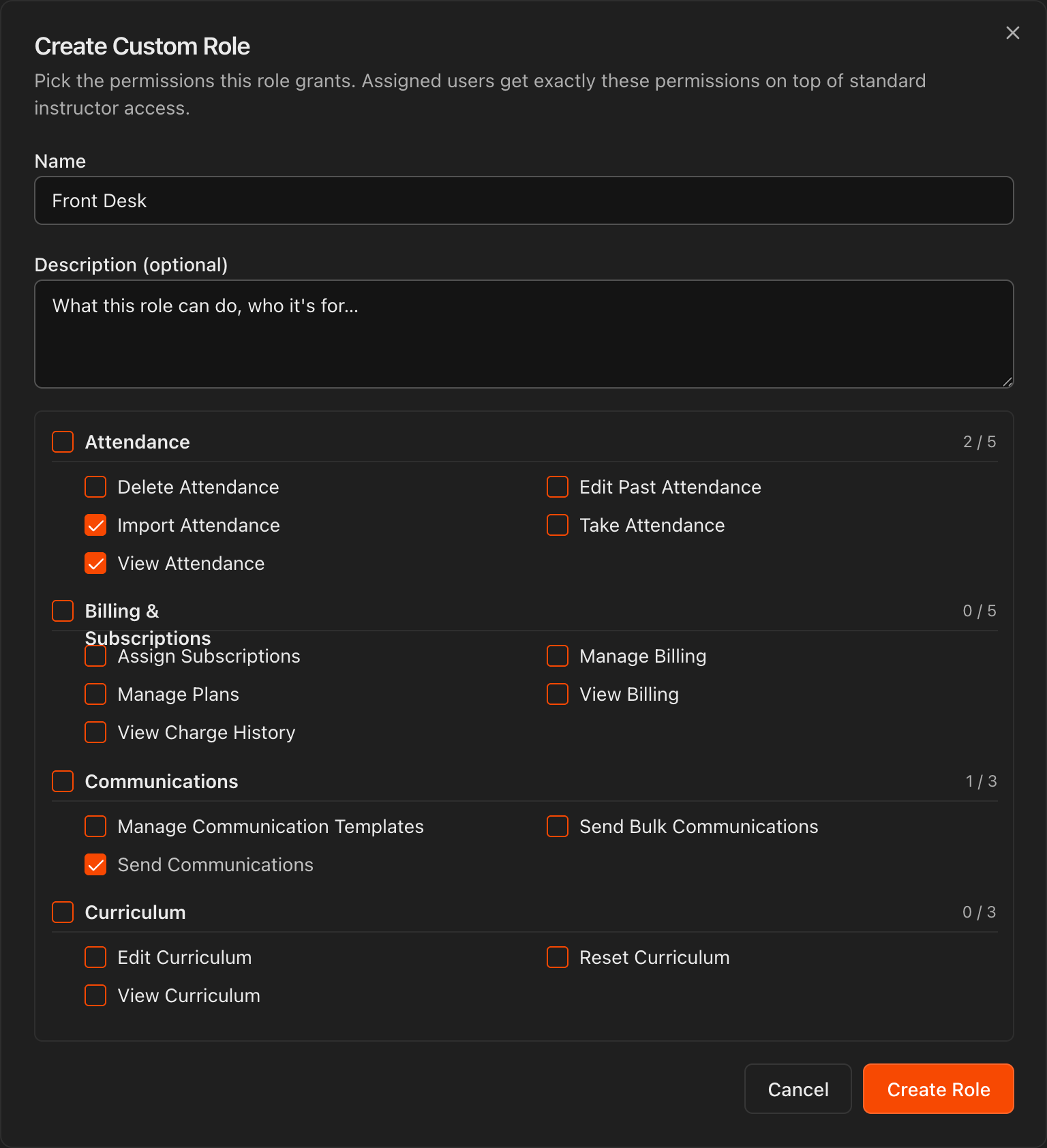 Create Role dialog showing Name, Description, and permission checkboxes by category