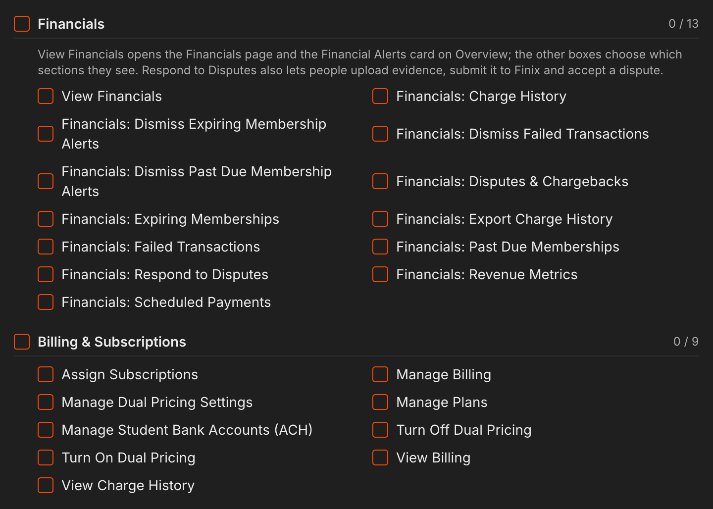 Financials and Billing & Subscriptions permission groups in the Create Role dialog