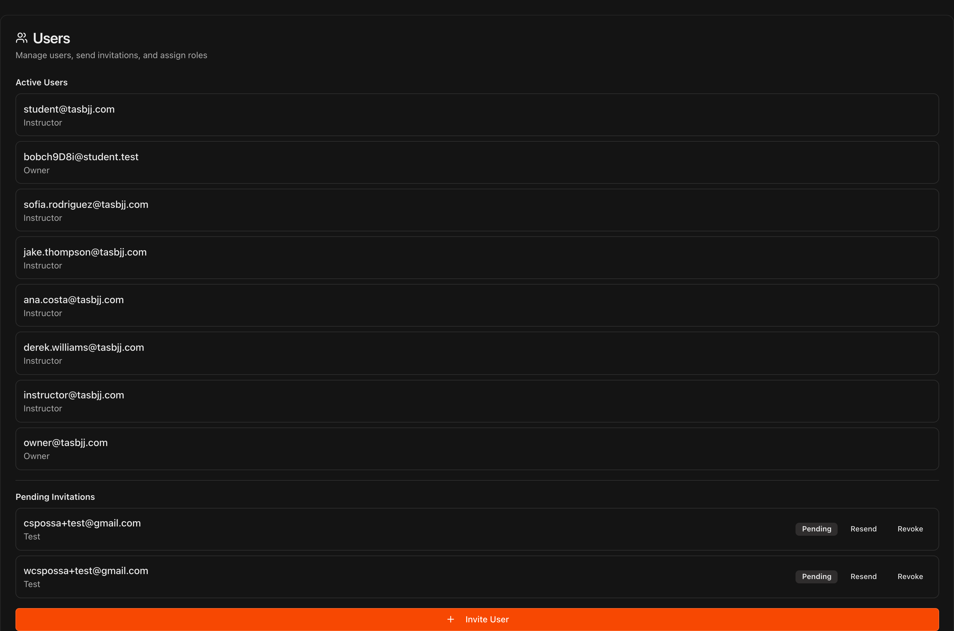 Users section showing Active Users list and Pending Invitations with Resend and Revoke options