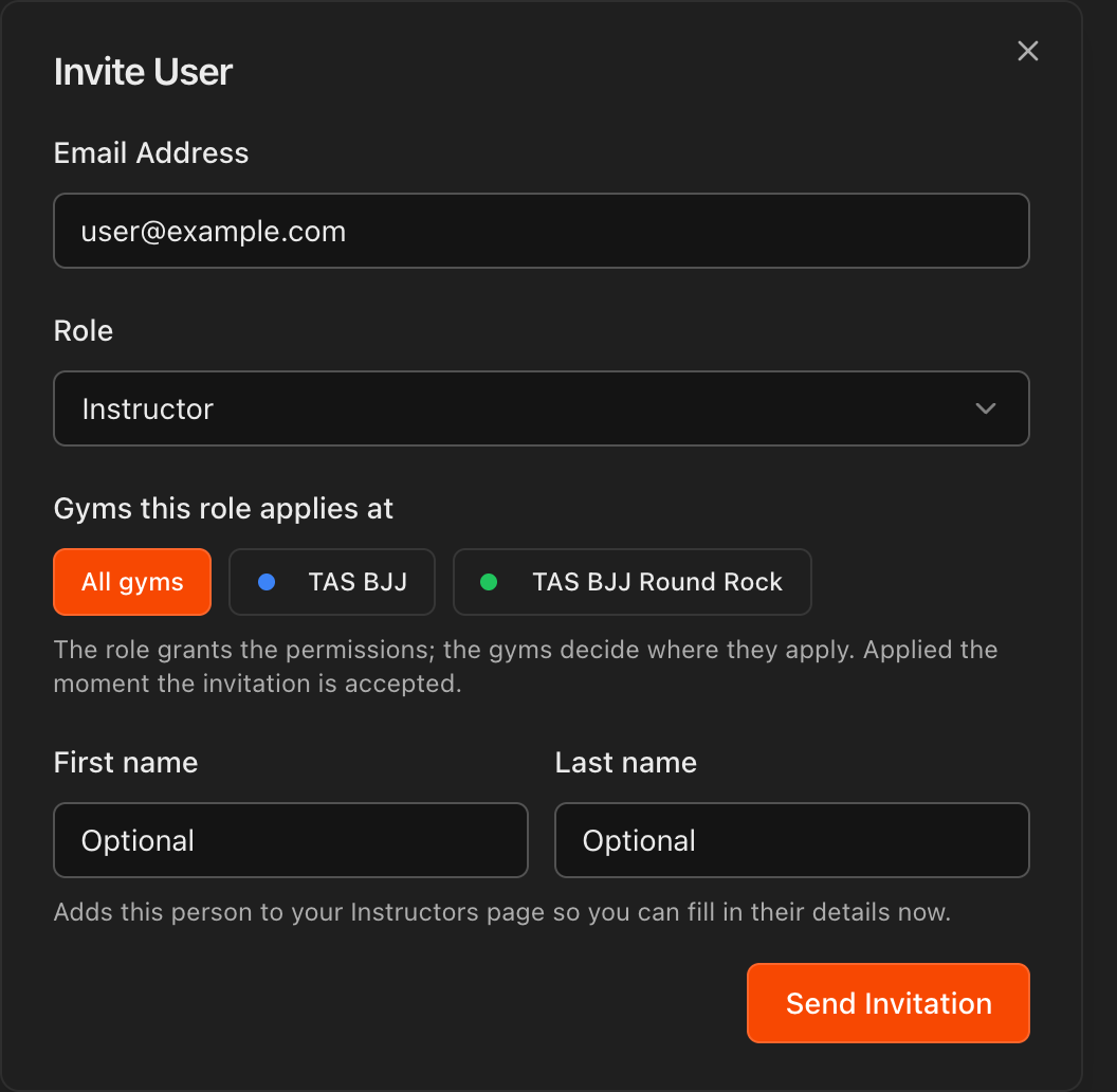 Invite User dialog with the role and the gyms it applies at
