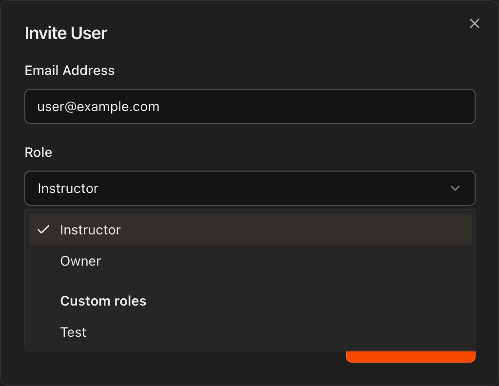 Invite User dialog showing Email Address, Role dropdown, and optional name fields