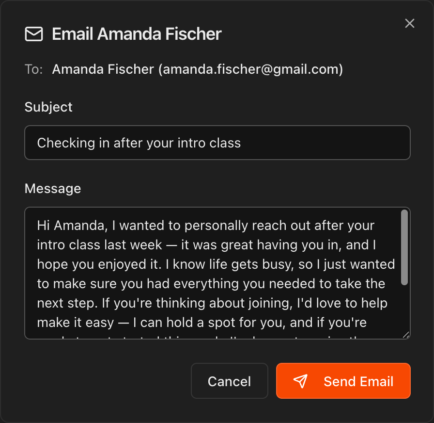 Email compose window with Send Email and Cancel buttons