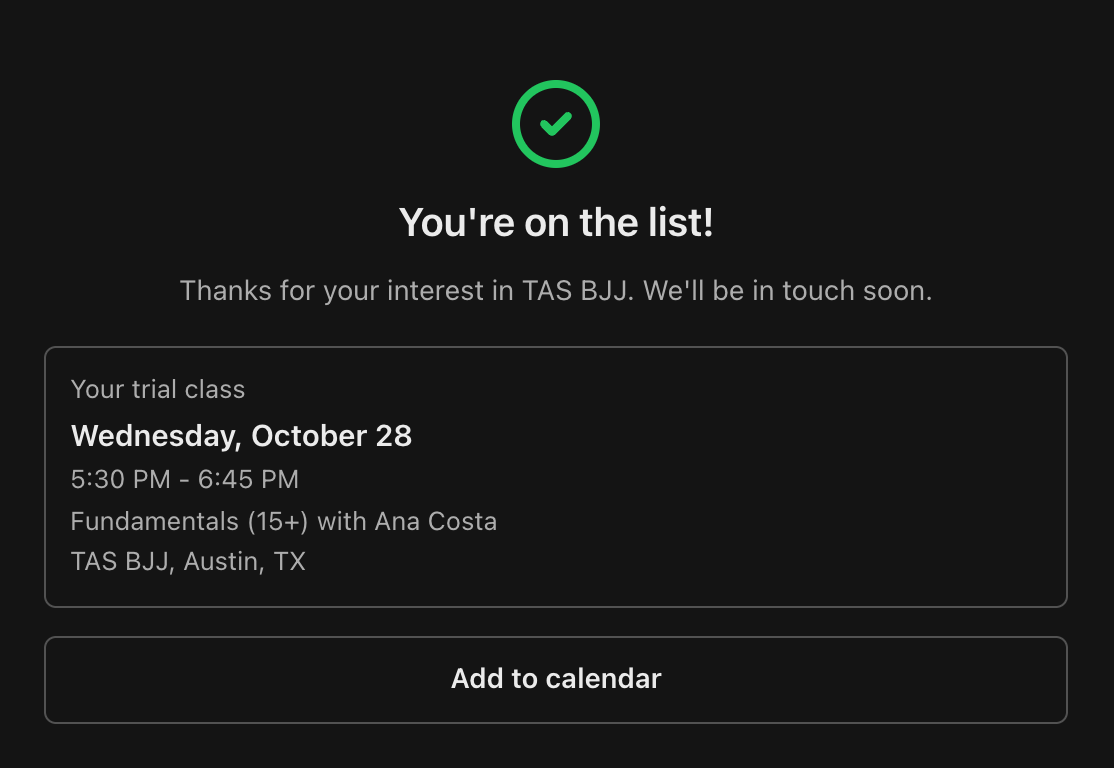 A tela de confirmação com You're on the list, os detalhes da aula experimental de quarta-feira, 28 de outubro, e o botão Add to calendar