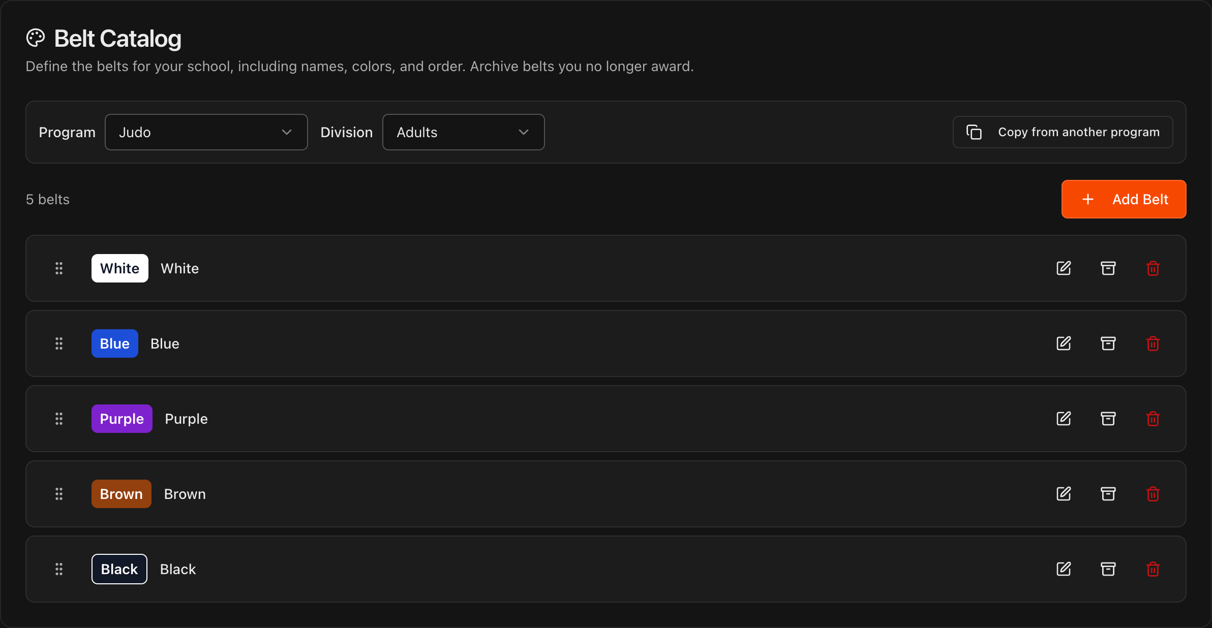Belt Catalog section with the Program and Division dropdowns and the Copy from another program button