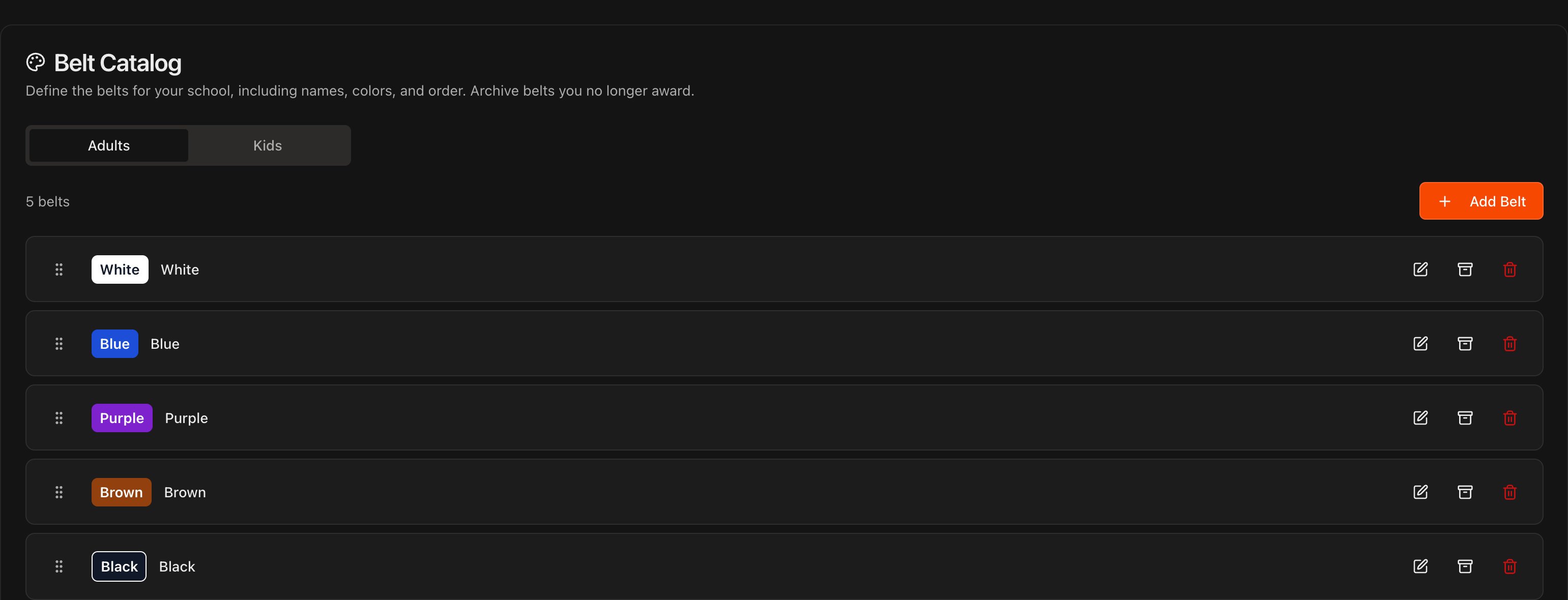Belt Catalog section in Curriculum Settings showing Adults and Kids tabs