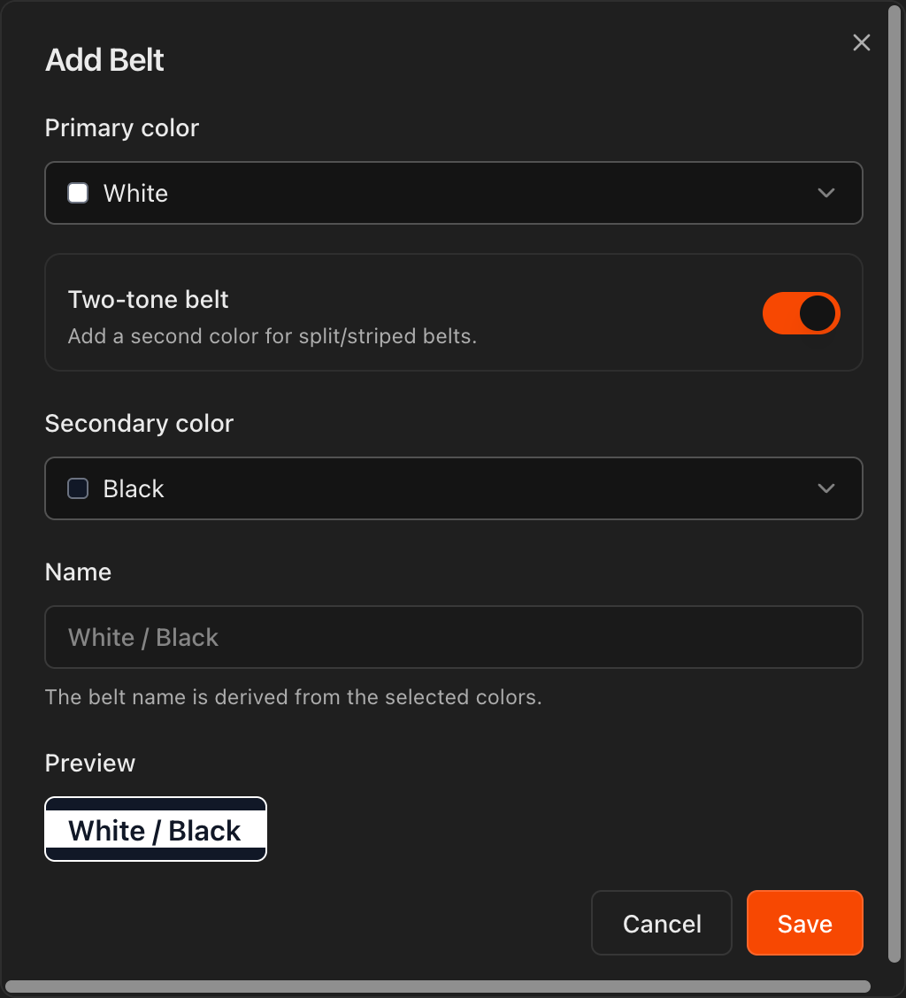 Add Belt dialog showing Primary color, Two-tone belt toggle, and Preview badge