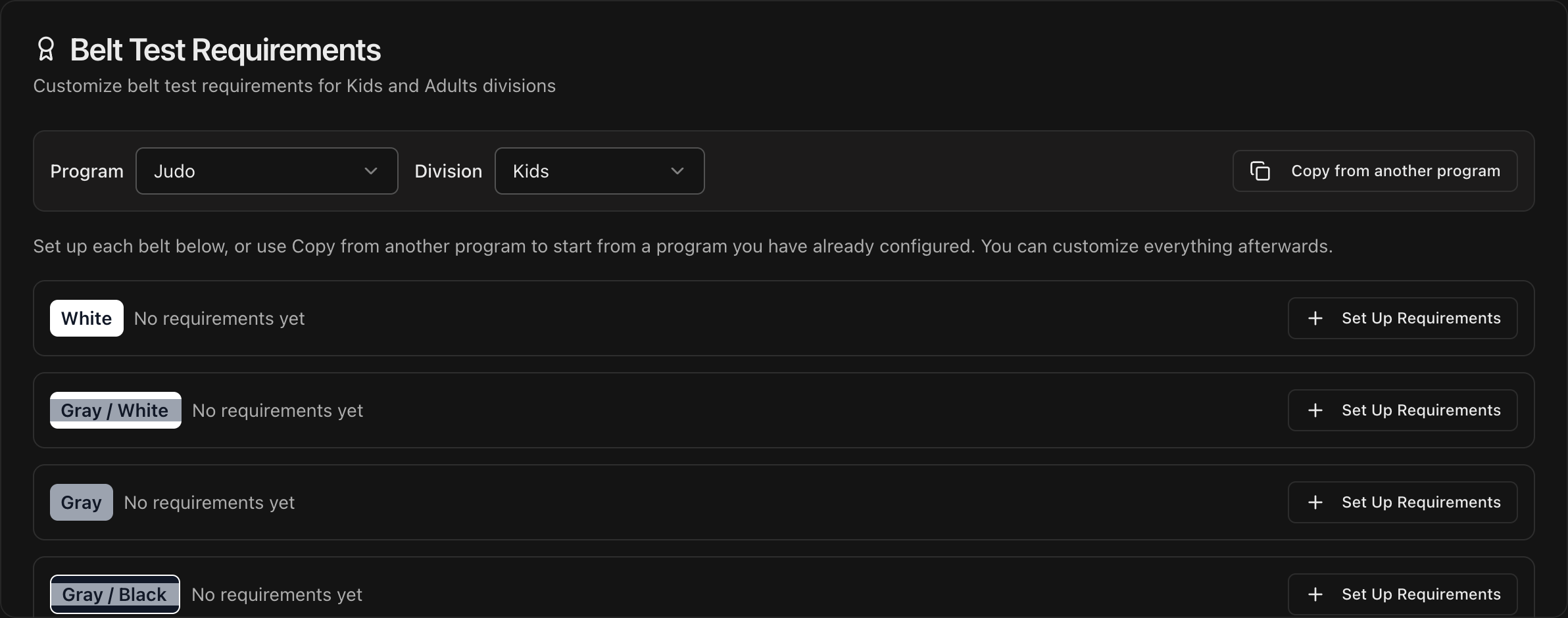 Belt Test Requirements section with the Program and Division dropdowns above the belt list