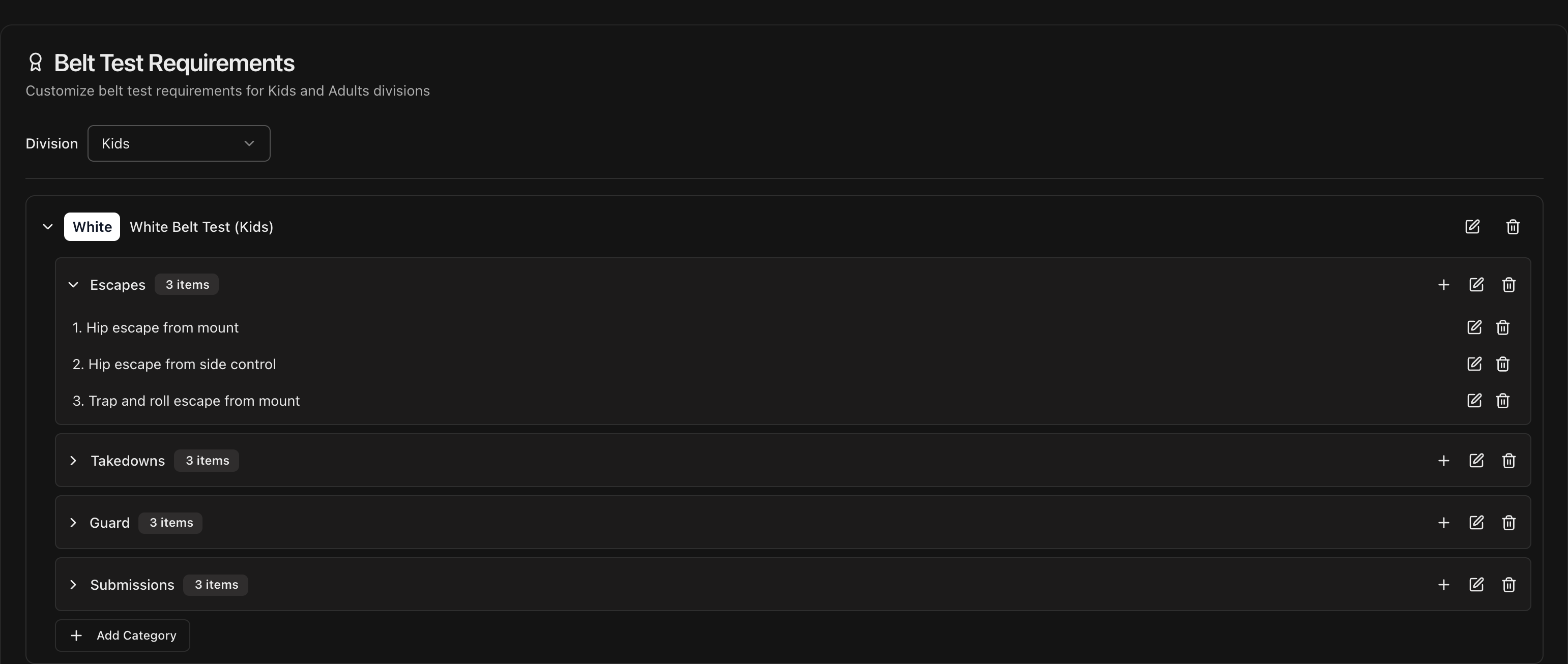Belt Test Requirements section showing categories and positions with edit controls