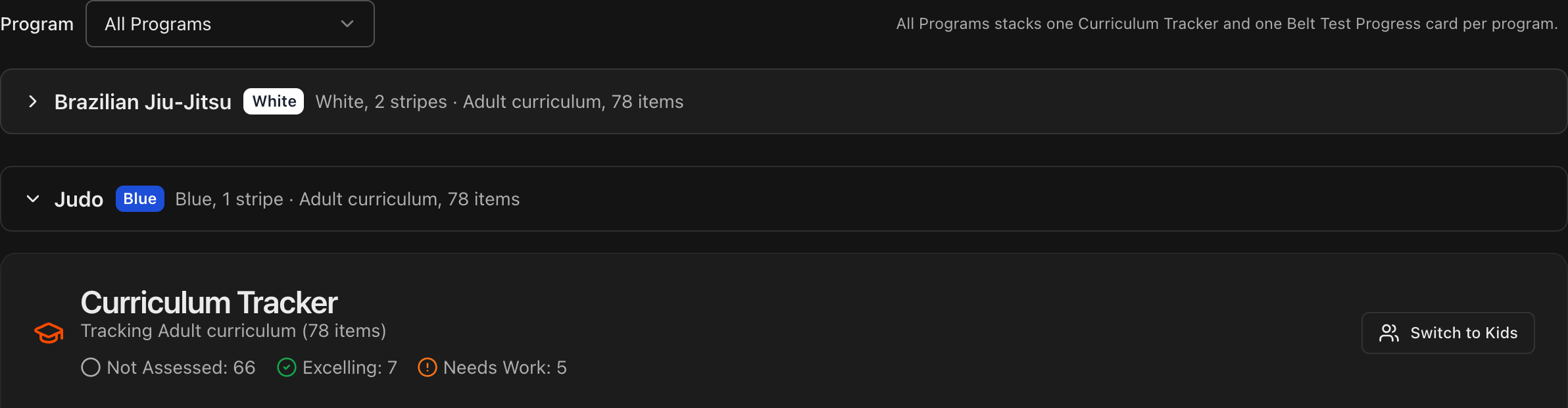 Curriculum tab with the Program filter and one collapsible group per program
